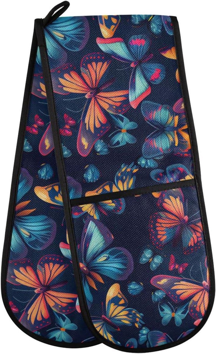Dubbele Ovenwanten - Keukenhandschoen - Hete Pannen Hanteren - Extra Lange Bescherming - 80 x 18 cm - Roze Blauw Patroon