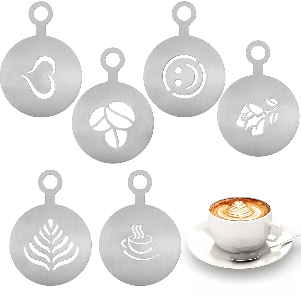 Dailygoods - Set van 6 Koffiesjablonen van Roestvrij Staal voor Latte Art