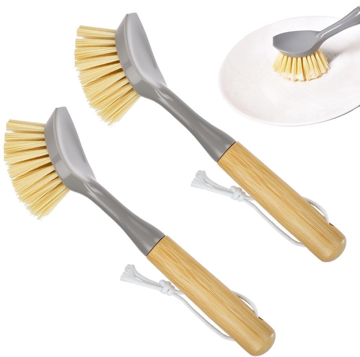 Dailygoods - Afwasborstel met Lange Bamboe Steel, Set van 2