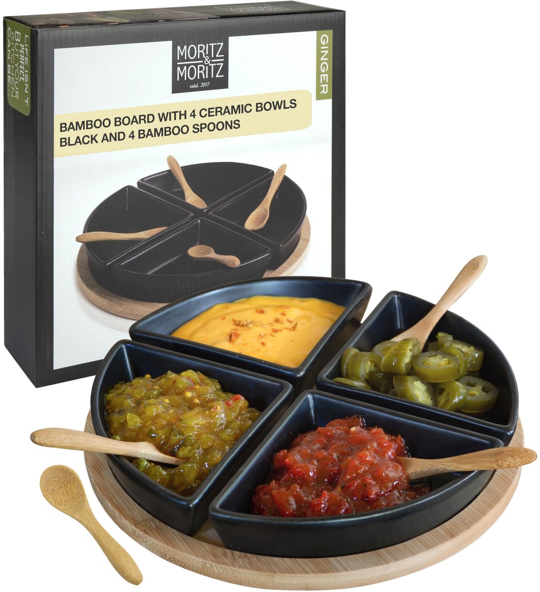 Dailygoods - Bamboe Serveerplaat met Dipschalen en Lepels
