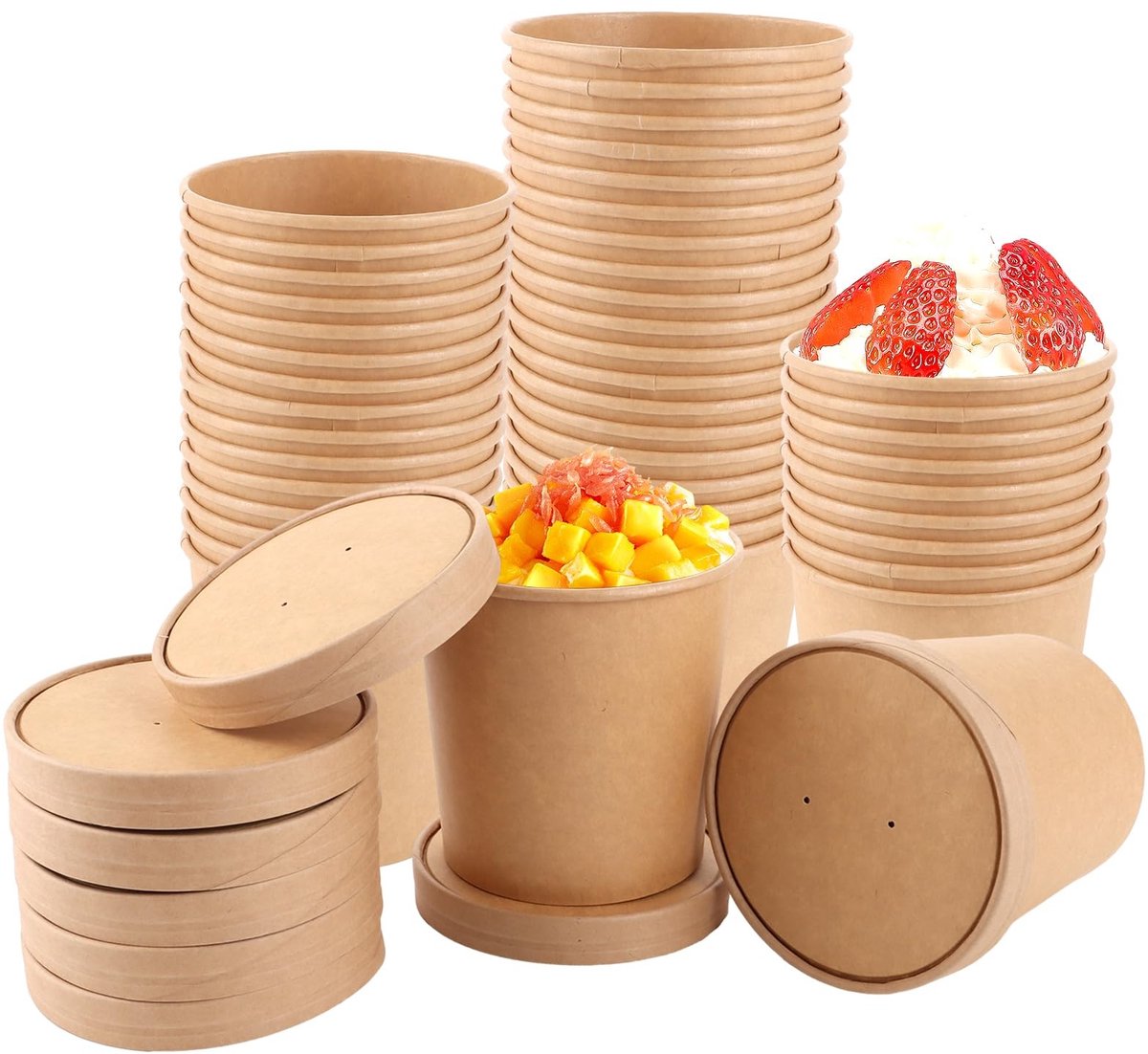 Dailygoods - 50 Stuks Kartonnen Bekers met Deksel 780 ml voor Soep en IJs