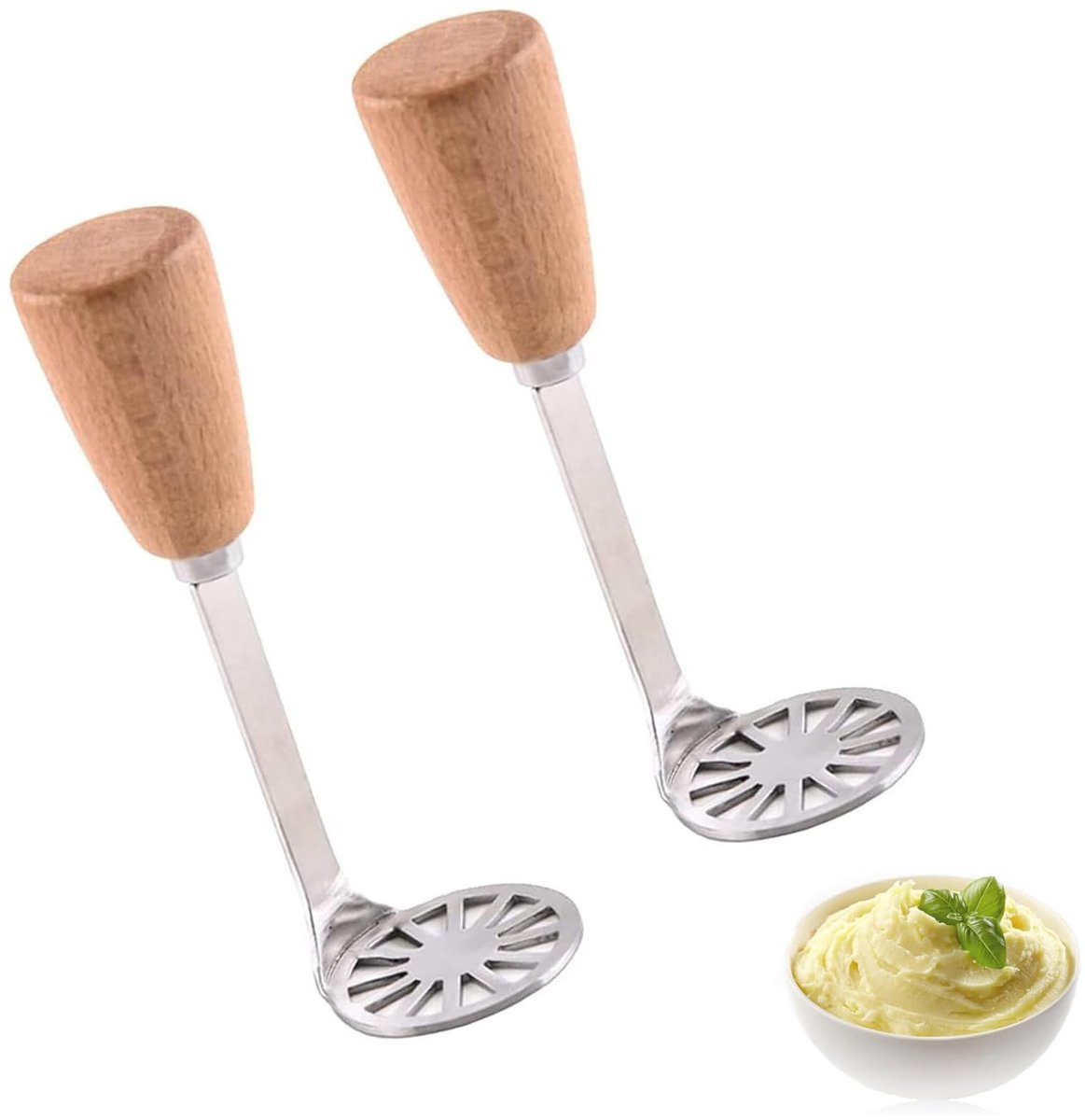 Dailygoods - Set van 2 Kleine Aardappelstampers van RVS met Houten Handvat