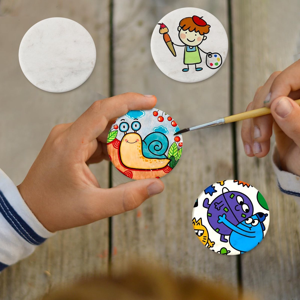 12 Stuks Platte Verfstenen voor Schilderen, Wit, Rond, Diameter 6.3 cm - Creatief Hobbymateriaal voor Kinderen en Volwassenen — cadeau in Hobby - foto 7