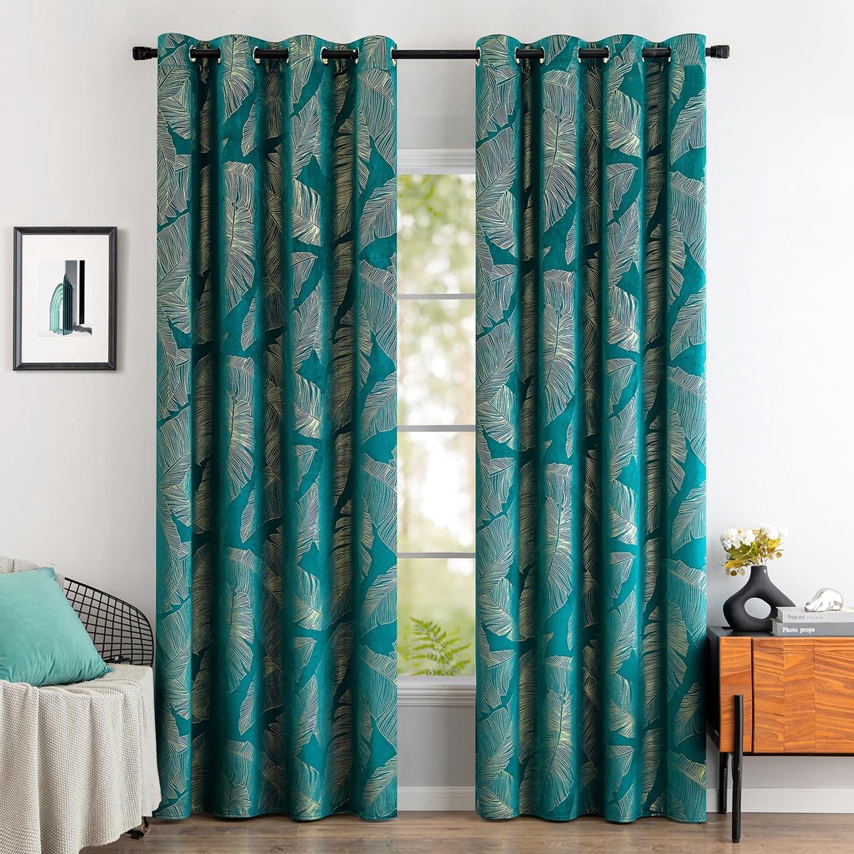 Dailygoods - Dailygoody - Fluwelen gordijnen - Verduisterend - Turquoise - Goudfolie-bladerpatroon - Perfect voor woonkamer en slaapkamer