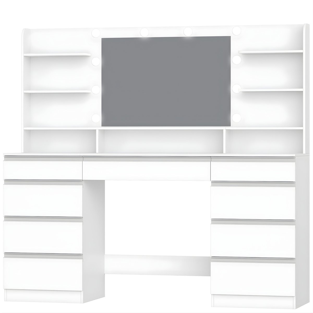 Happiq Kaptafel – Voor Slaapkamer & Dressing – Groot Met Verstelbare LED-Verlichting, 10 LED-Lampjes, 3 Lichtkleuren, Dimfunctie, Grote Spiegel en 9 Lades – Wit White