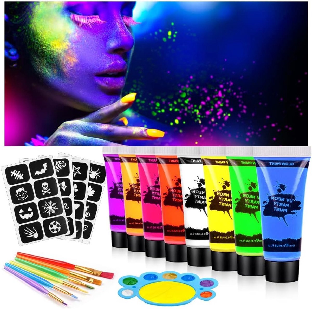 UV Glow Face & Body Paint Set - 8 Kleuren Neon Fluorescent Verf, Niet-Toxisch, Inclusief Palet en Kwasten voor Feestjes en Carnavalsmake-up