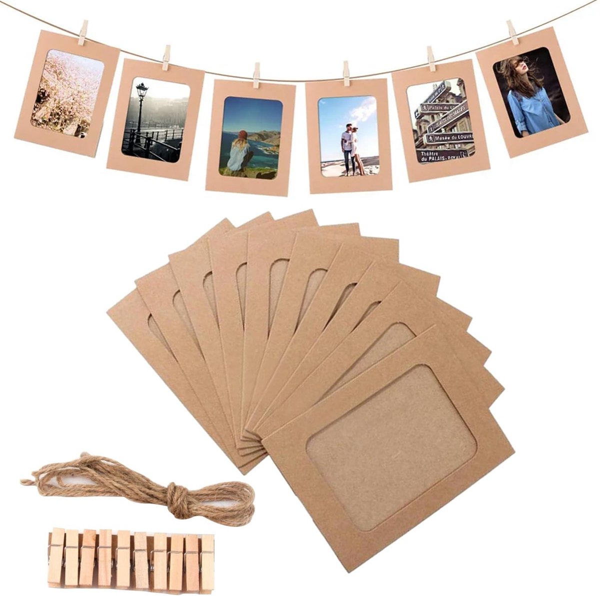 Dailygoods - Set van 10 Kraftpapieren Fotolijsten met Clips en Henneptouw