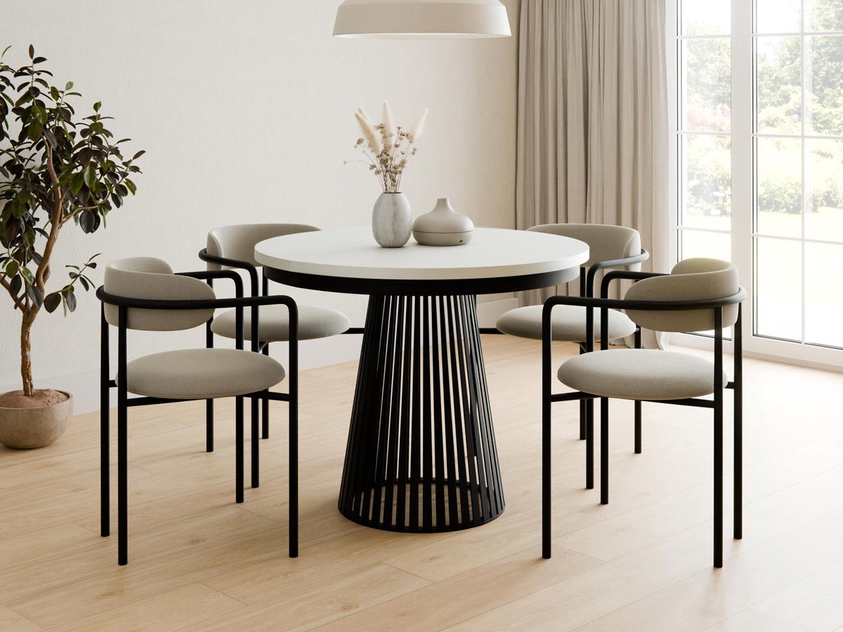 Compleo24- Ronde Eettafel- met lattenbodem-moderne ronde Eettafel- Wit+Schwarz- 100-180cm- Eettafel met geribbelde basis