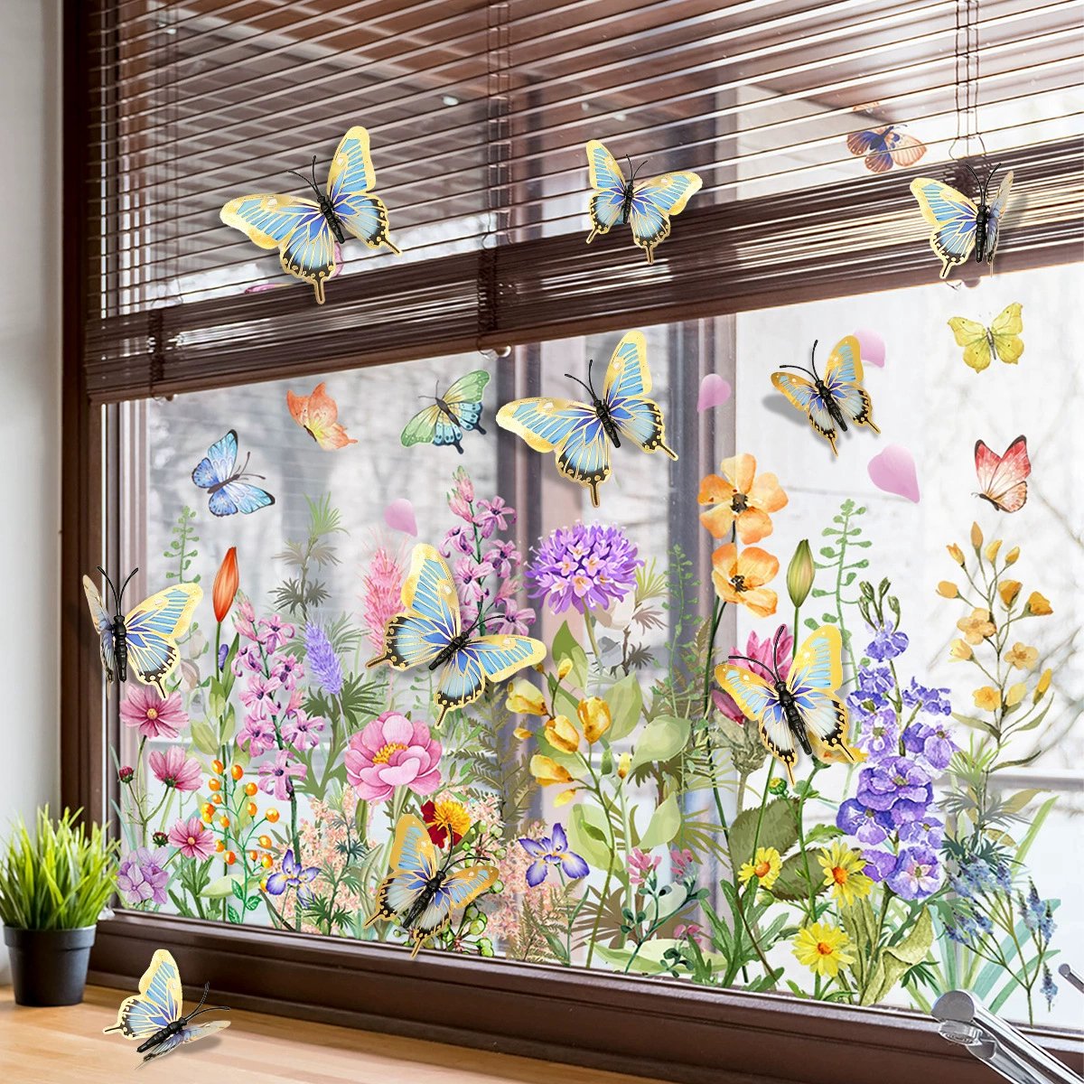 Cyslmuk Decoratieve raamstickers - met kleurrijke wilde bloemen - Zelfklevende elektrostatische glasstickers - 30 * 60 cm Inclusief 12 stuks 3D vlinderdecoratie - sfeervolle decoratie geschikt voor woonkamer slaapkamer en diverse woonruimtes | Cyslmuk® 30 * 60 cm 12x3D vlinderdecoratie