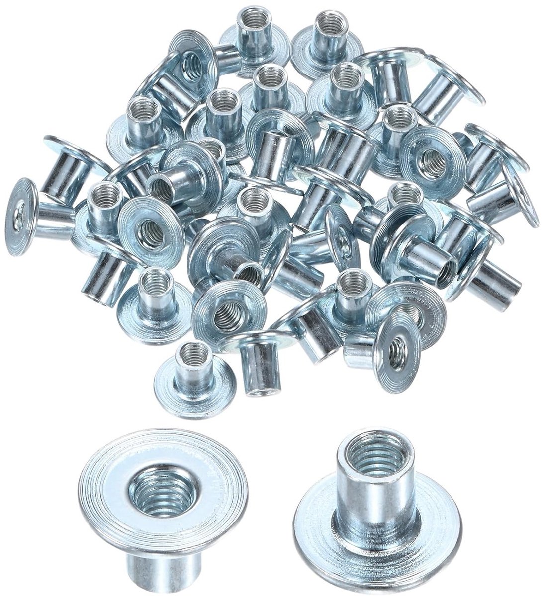 50 Stuks T-Moeren M6 x 12 mm, Verzinkt Koolstofstaal met Ronde Basis voor Meubelbeslag en Solderen, Vrouwelijk en Zilverkleurig