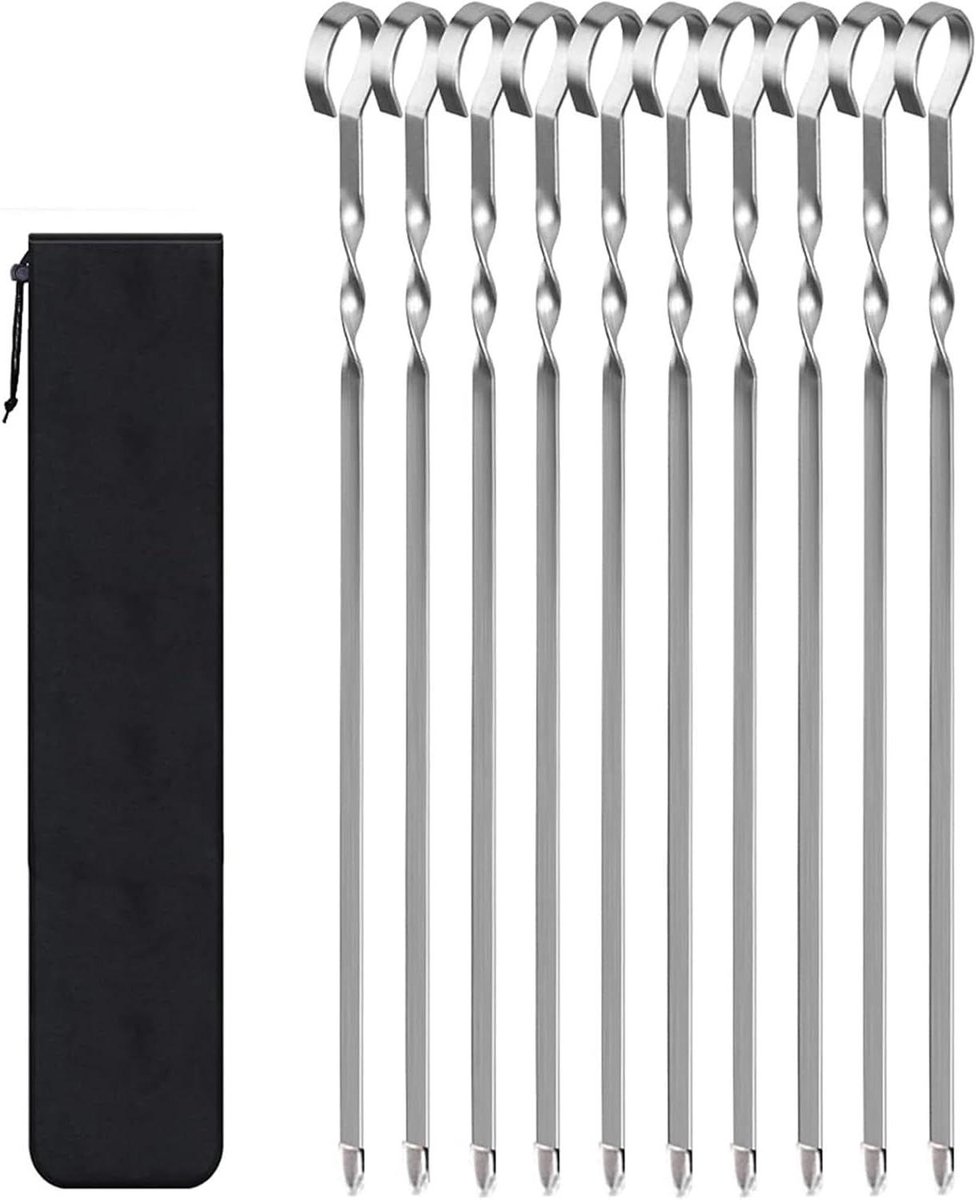 Grillspiesen Set - Vlees Prikkers - Buiten Koken - Platte Vorken - 10 Stuks - Zilverkleurig