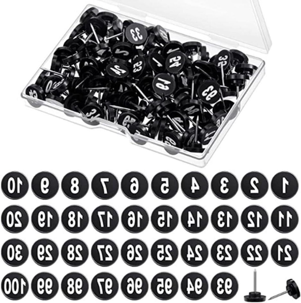 Genummerde Punaises - Tekennaalden Kaarten - Prikbord Decoratie - Platte Kunststof Kop - 100 stuks - Zwart