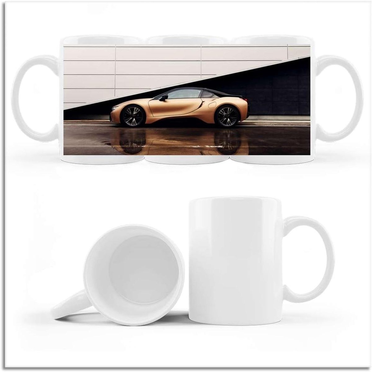 Koffie Thee Mok - Beker Keramiek - Drinken Warme Dranken - Bedrukt Met Auto - 330ml - Wit