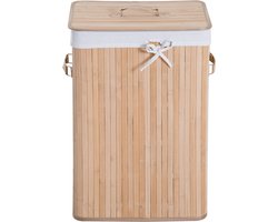 Wasmand, opvouwbare bamboe wasmand met deksel, voorzien van uitneembare binnenzak en 3 PU-handgrepen, afmetingen 40 x 30 x 60 cm (hoogte), beige