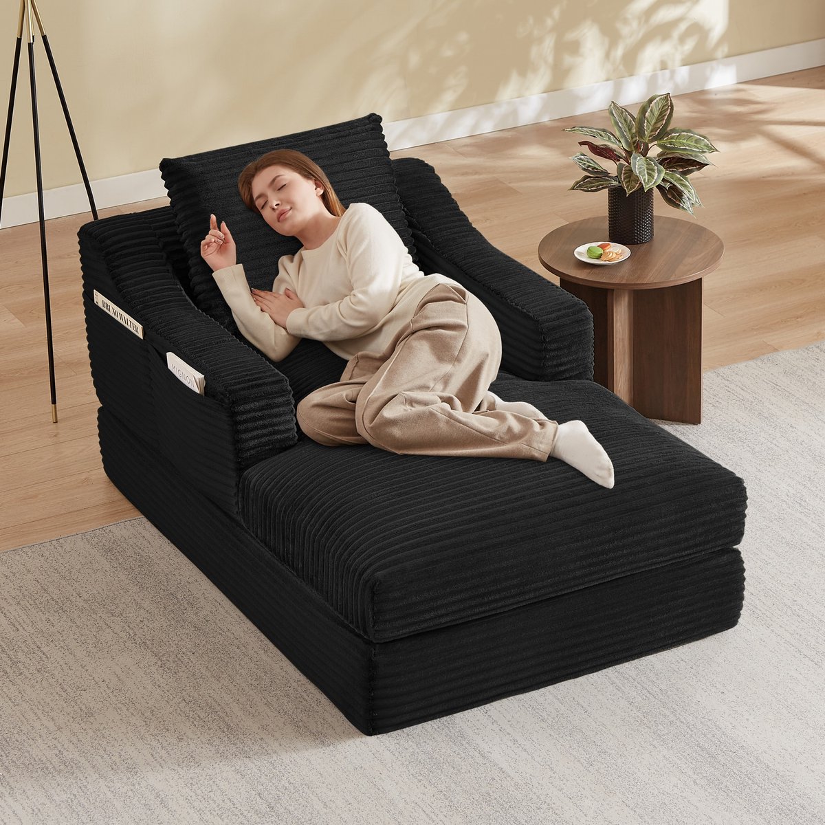 Sweiko Chaise longue - Corduroy - Fauteuil - Eenpersoonsbank - Met rugkussen - Geen montage nodig - Zwart