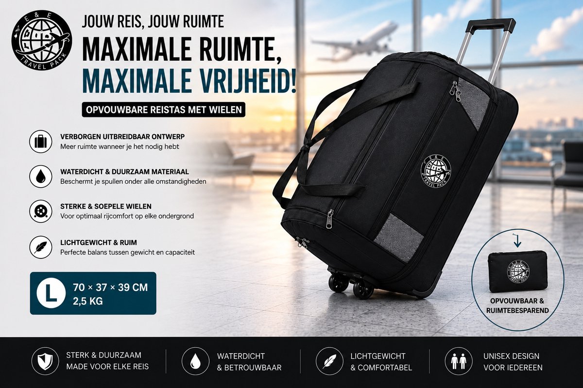 Nieuw!Large Opvouwbare Reistas met Wielen L – Grote Waterdichte Trolley Tas – XL Reisbagage – Opvouwbaar & Ruimtebesparend – Sterke Wielen – Vakantie ReistasOpvouwbare Reistas met Wielen – E&E Travel Pack – Waterdicht – Grote Capaciteit – Expandable