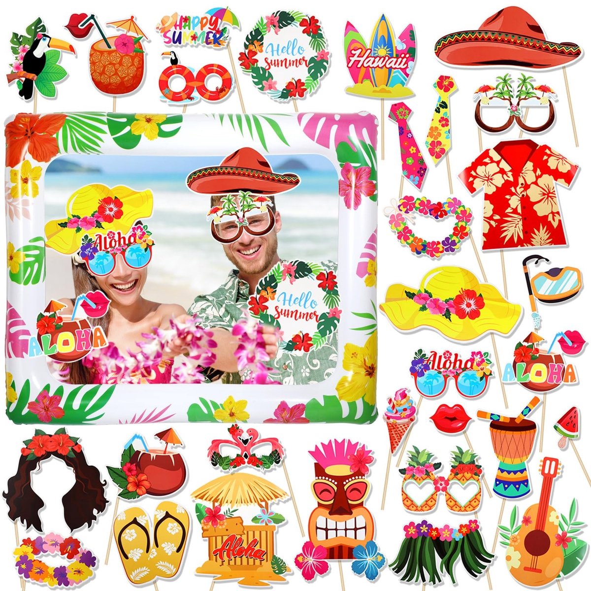 Smoakez - Hawaii decoratie - fotobox accessoires - opblaasbare fotolijst - meerkleurig - tropische feestdecoratie - geschikt voor strandfeest - 30 ...
