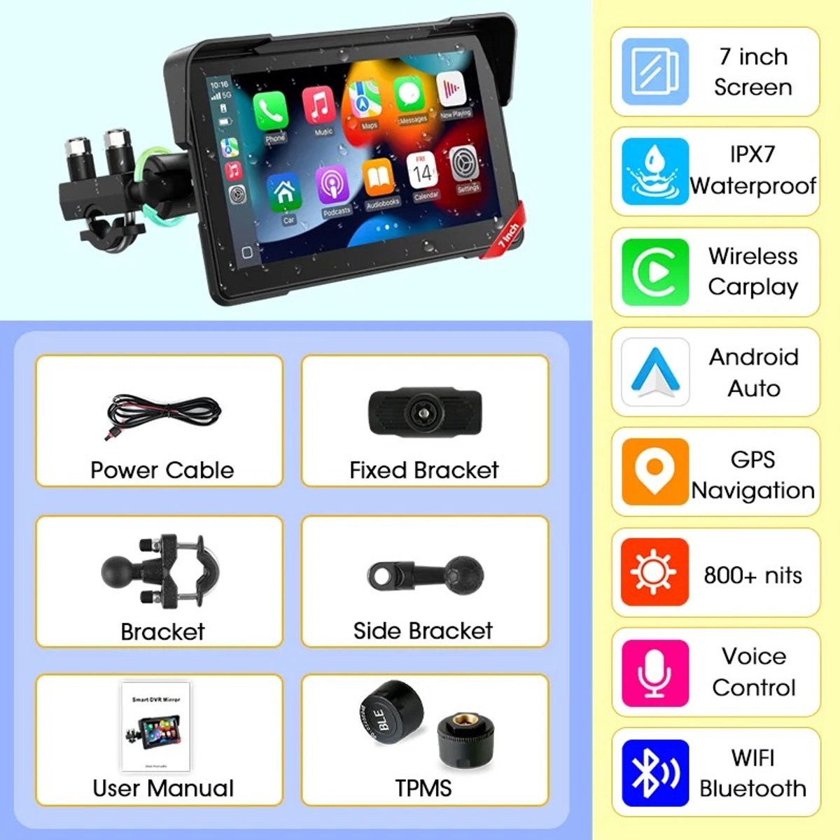 Archi Motor carplay – Navigatiesysteem - Draadloos – Waterdicht – Bluetooth – GPS & TPMS ondersteuning – Zwart