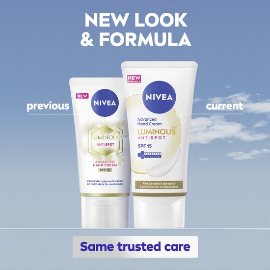 Vergelijking van de oude en nieuwe verpakking van NIVEA Luminous 630 Anti-Spot handcrème met SPF 15.