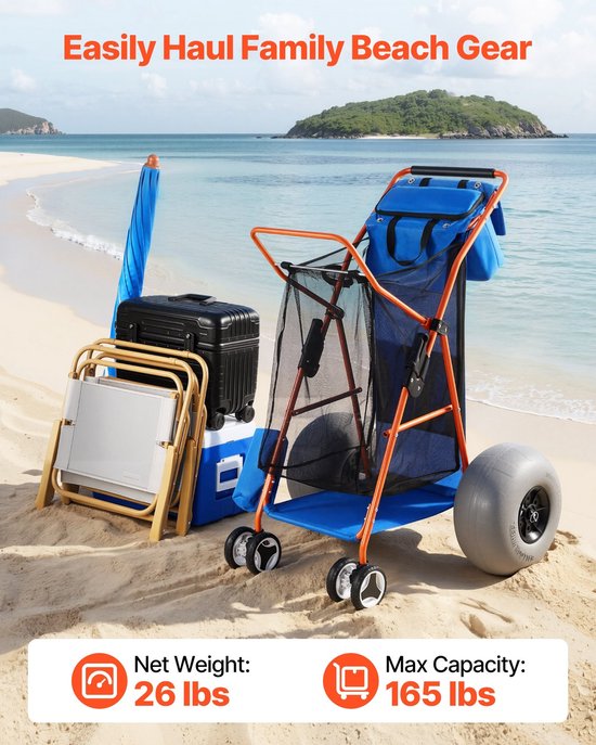 Strandkar - Opvouwbare Bolderkar - Ballonbanden 30 cm - Geïsoleerde Koeltas - Parasolhouder - Draagvermogen 75 kg - Tot 4 Strandstoelen - Geschikt voor Kamperen en Vissen — afbeelding 3