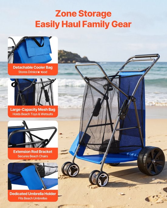 Strandtrolley / Bolderkar - Opvouwbare handkar - Massieve Rubberenen Wielen 25 cm - Geïsoleerde Koeltas - Parasolhouder - Draagvermogen 75 kg - Voor 4 Strandstoelen — afbeelding 2