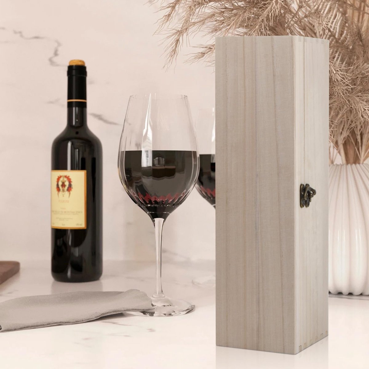 Elzusha - Wijn Cadeau Doos - Houten Opbergtas - Veilig met Deksel - 1 Fles - Perfect voor Feestjes - Verjaardag - Bruiloft - Houtkleurig
