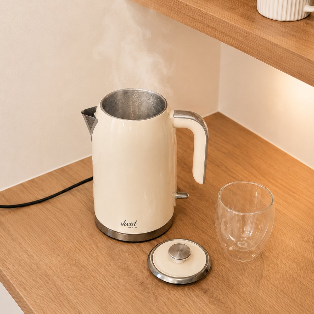 Vivid Green Luxe Waterkoker 1.7L - Retro Design - 2200W - BPA-vrij - 360° - RVS - Creme — afbeelding 2
