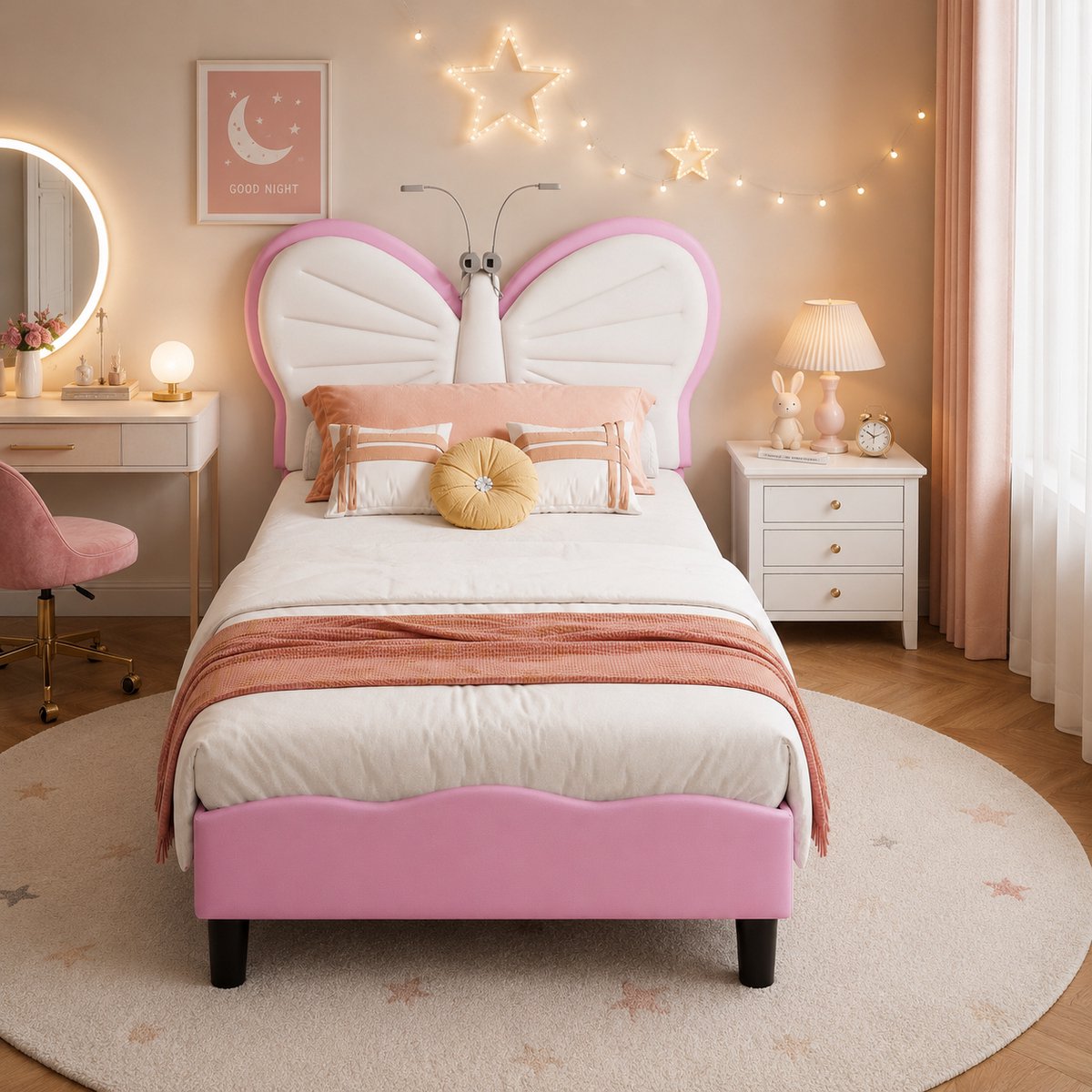 Eenpersoonsbed 90x190 cm, met LED-leeslampje, meisjesbed met verstelbaar hoofdeinde, kinderbed, lattenbodem, bed 90x190 cm, PU Roze