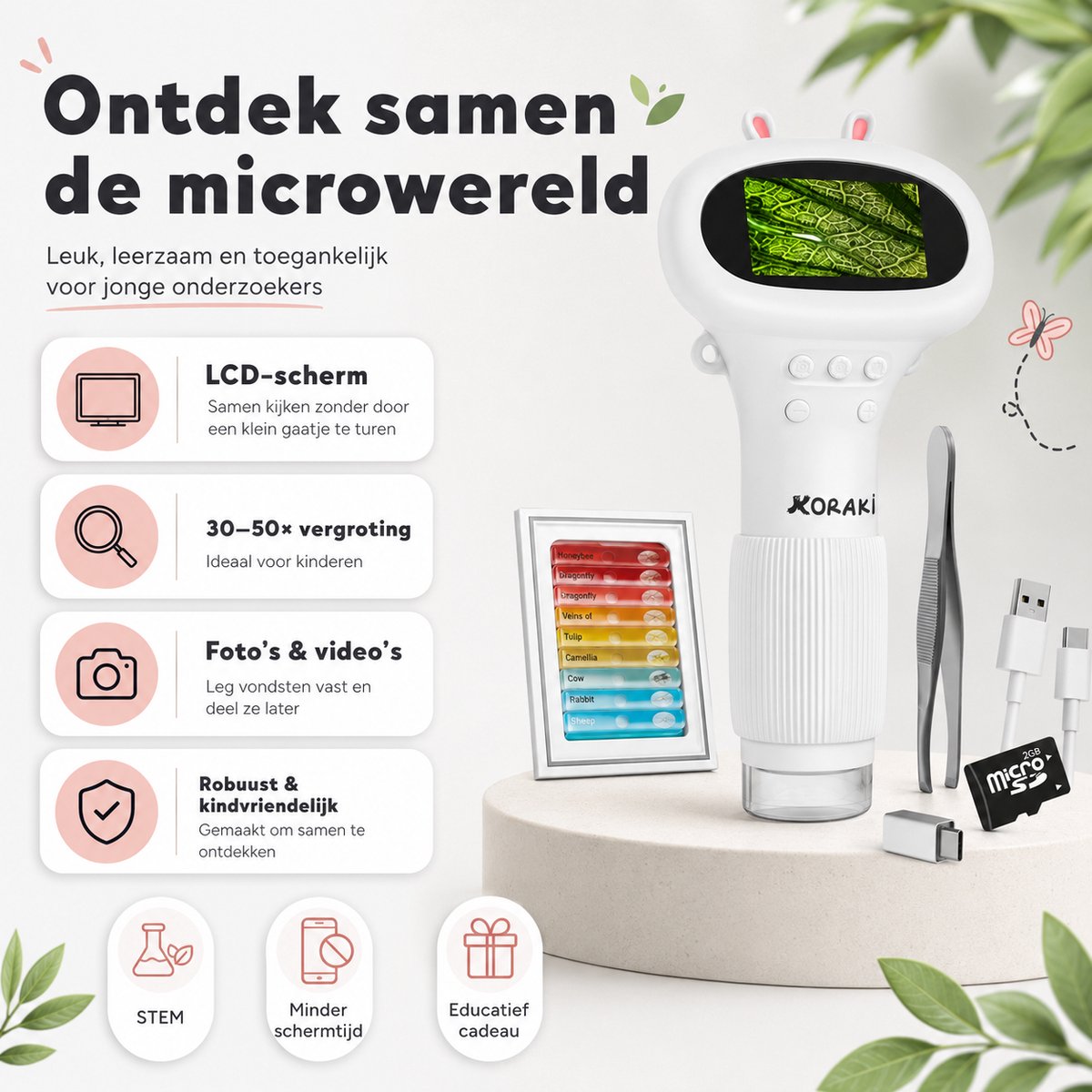 Koraki® Microscoop voor Kinderen - Digitale Kindermicroscoop met LCD Scherm - Handmicroscoop met Camera - Microscoopset incl. Preparaten, Pincet, Micro-SD & USB - Draagbaar - Aansluiting Smartphone/PC - STEM Educatief Speelgoed 4-12 jaar — afbeelding 7