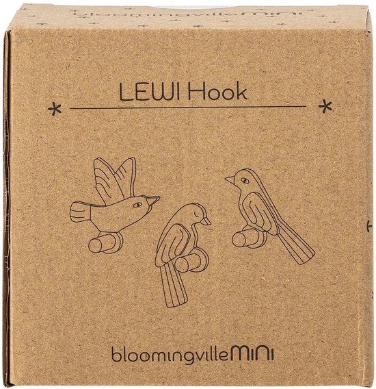 Een bruine kartonnen doos met een lijntekening van drie vogels en de tekst 'LEWI Hook bloomingvilleMINI'.