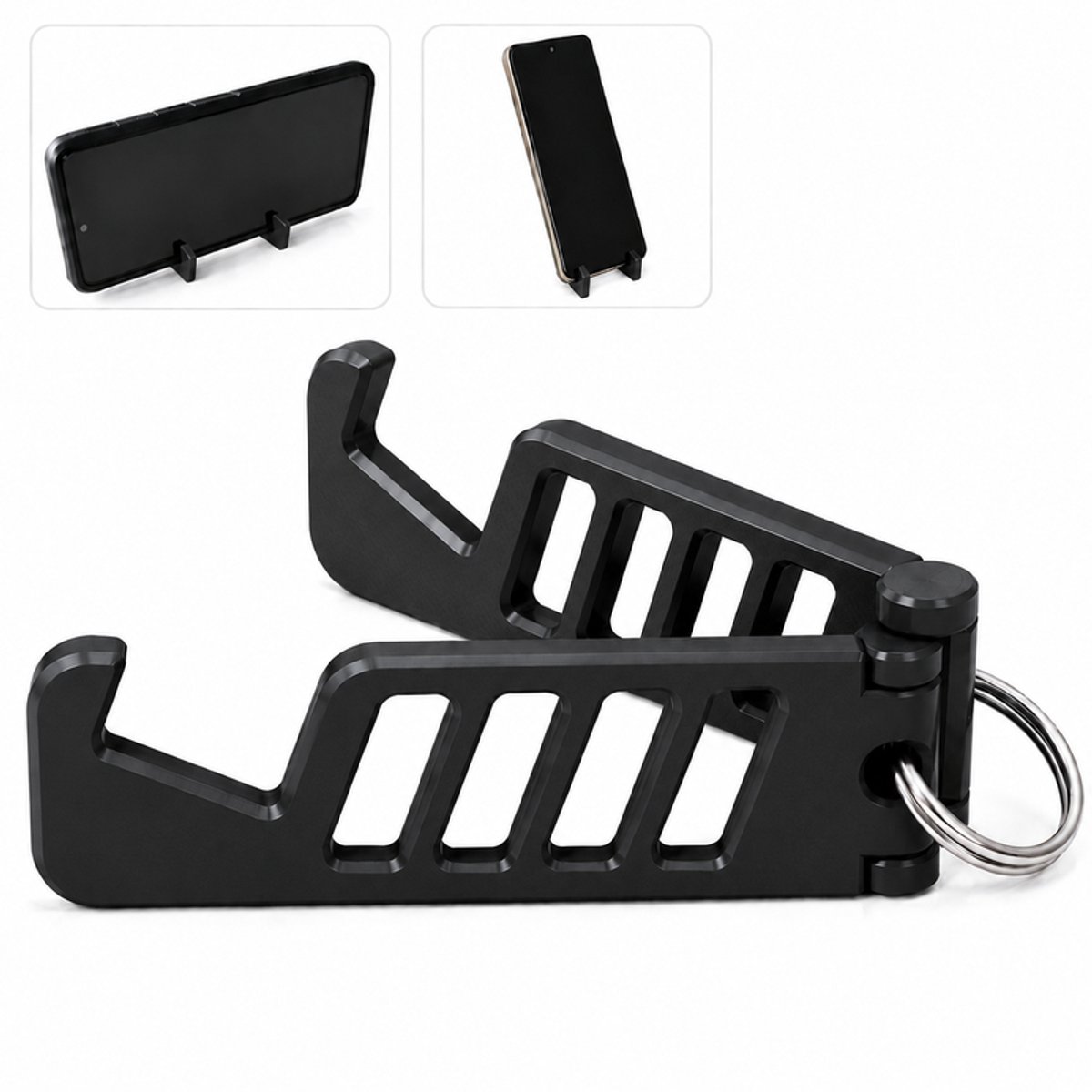 Compact Opvouwbare Telefoonhouder Sleutelhanger - Verstelbare Mobiele Telefoon Standaard Voor Smartphone - Inklapbare Bureau Houder Voor iPhone Samsung En Android - Staand En Liggend Kijken - Draagbaar Design Voor Onderweg En Reizen - Zwart