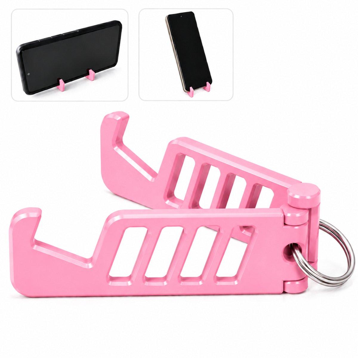Compact Opvouwbare Telefoonhouder Sleutelhanger - Verstelbare Mobiele Telefoon Standaard Voor Smartphone - Inklapbare Bureau Houder Voor iPhone Samsung En Android - Staand En Liggend Kijken - Draagbaar Design Voor Onderweg En Reizen - Roze