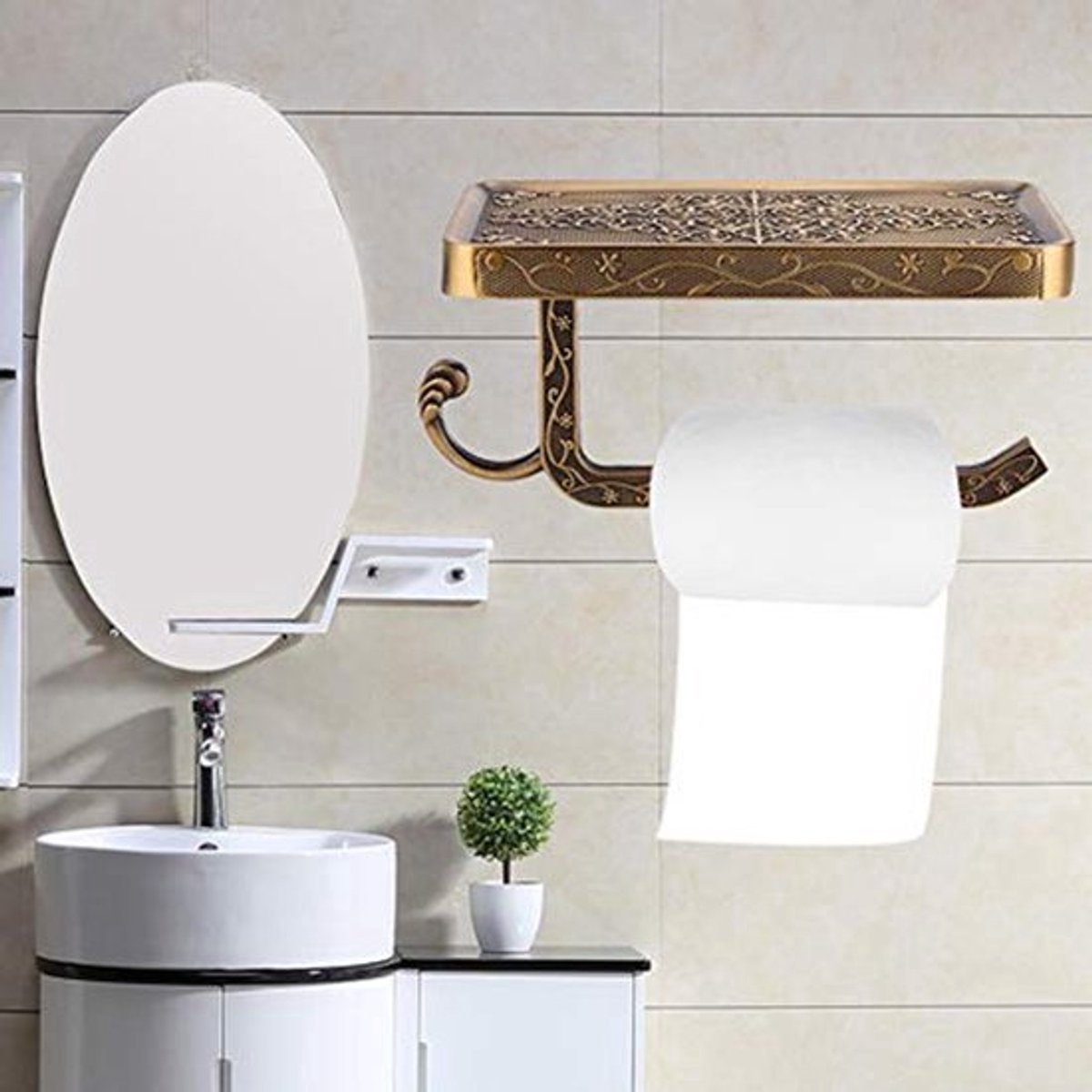 Toiletpapierhouder Model TP-01 - Antieke Kleur - Wandmontage met Telefoonplank
