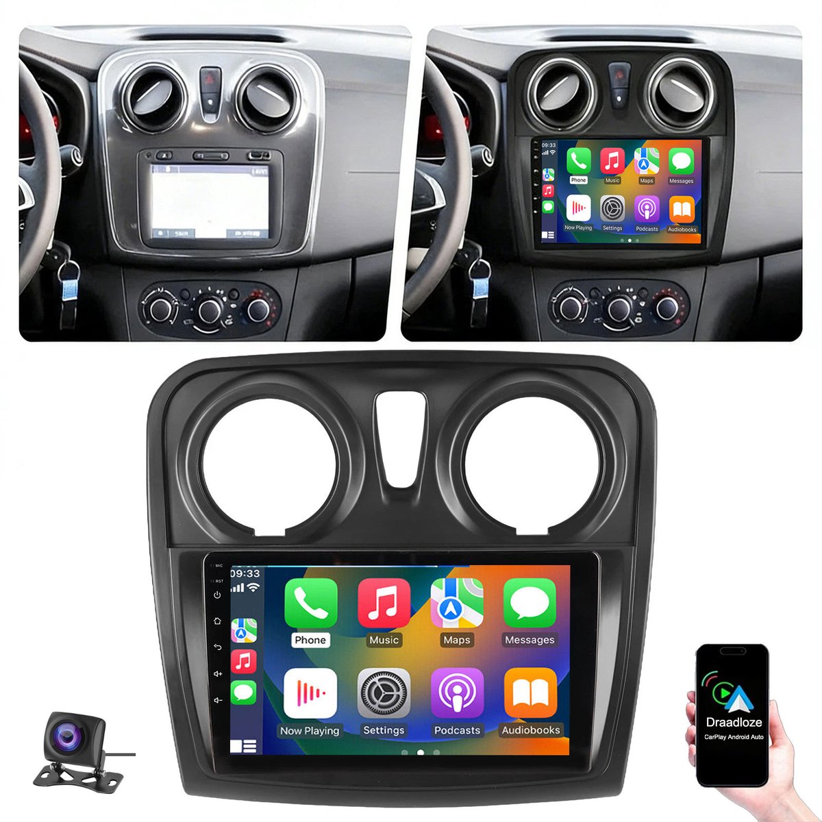 ESSGOO Autoradio geschikt voor Renault Dacia Logan 2 Sandero 2012-2017 - Apple Carplay en Android Auto - Navigatiesysteem - WIFI RDS FM Bluetooth - Andriod 15 - 4+64G - Achteruitrijcamera