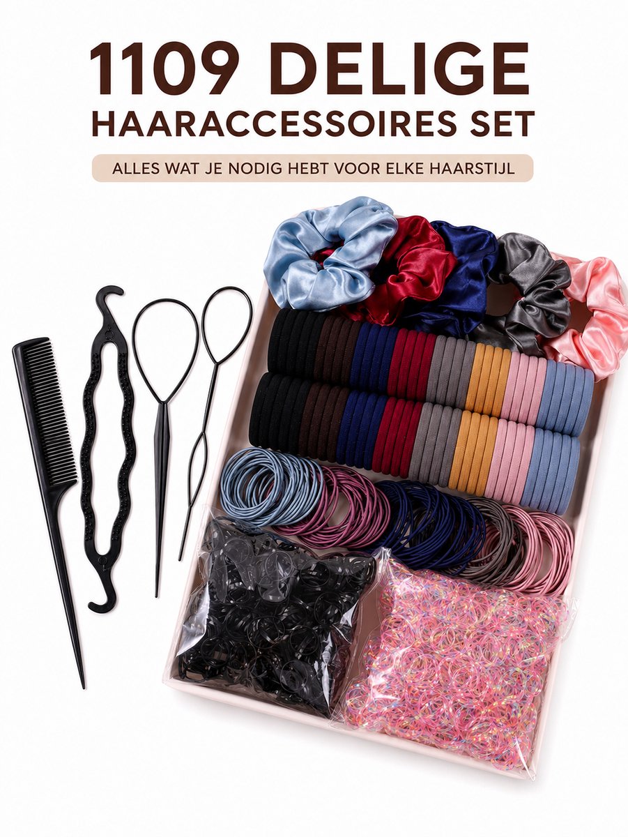 1109 Delige Haaraccessoires Set voor Dames & Meisjes – Blauw, Roze, Rood, Zwart & Grijs – Scrunchies, Haarelastiekjes & Styling Tools - Zonder doos geleverd
