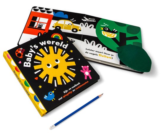 Twee boeken, 'Baby's wereld' met een zonnetje, en een opengeklapt boek met een auto en kat.
