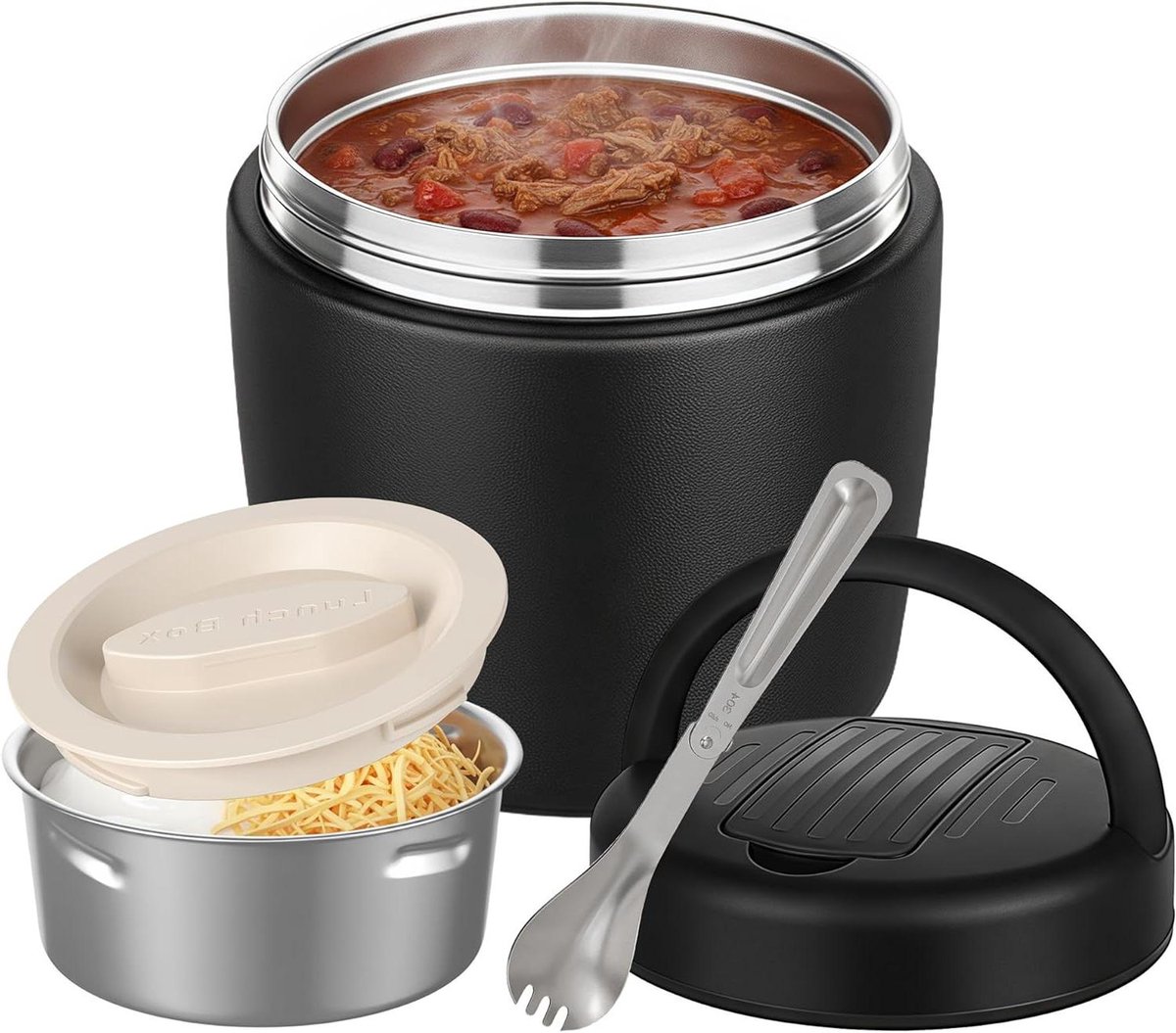 Thermo Voedselpot - Lunch container - Warme maaltijd meenemen - Dubbelwandig vacuümgeïsoleerd - 32 oz capaciteit - Zwart