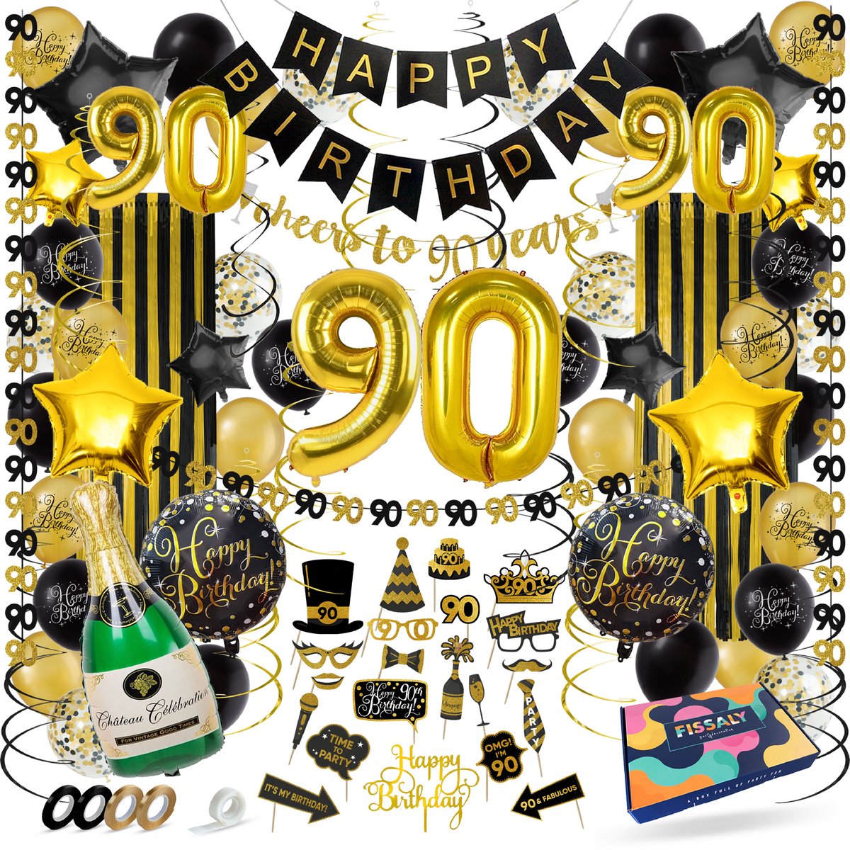 Fissaly 90 Jaar Verjaardag Decoratie Versiering - Ballonnen – Jubileum Man & Vrouw - Zwart en Goud