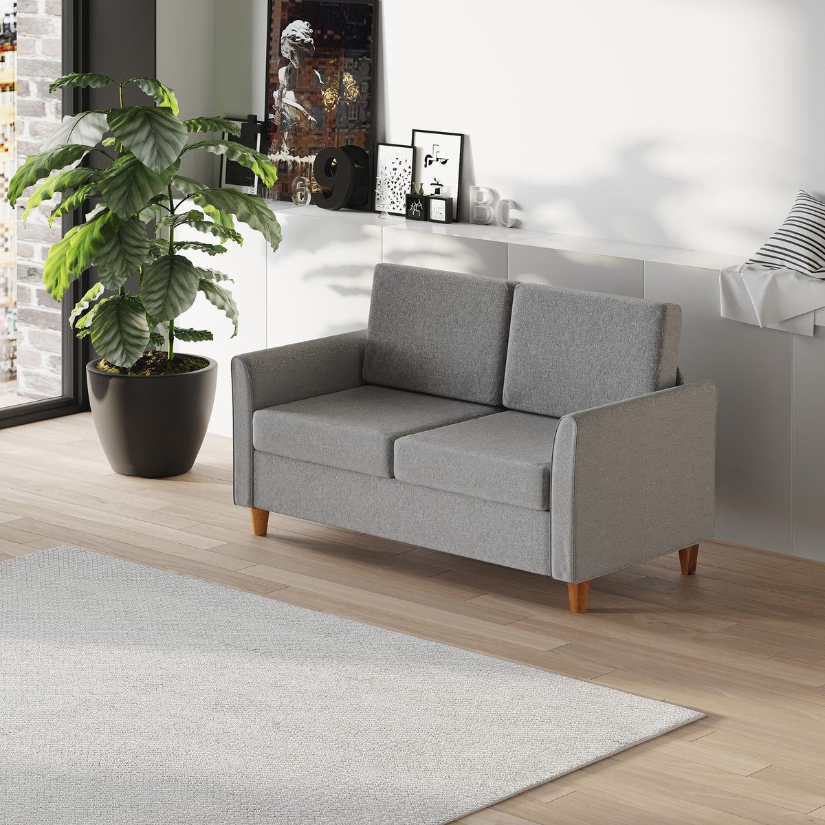 Wishdor 2-Zits Bank - Afneembare Hoezen Met Rits En Schuimkussens - Modern Ontwerp - Massief Houten Frame Met Rubberhouten Poten - Lichtgrijs - Linnen