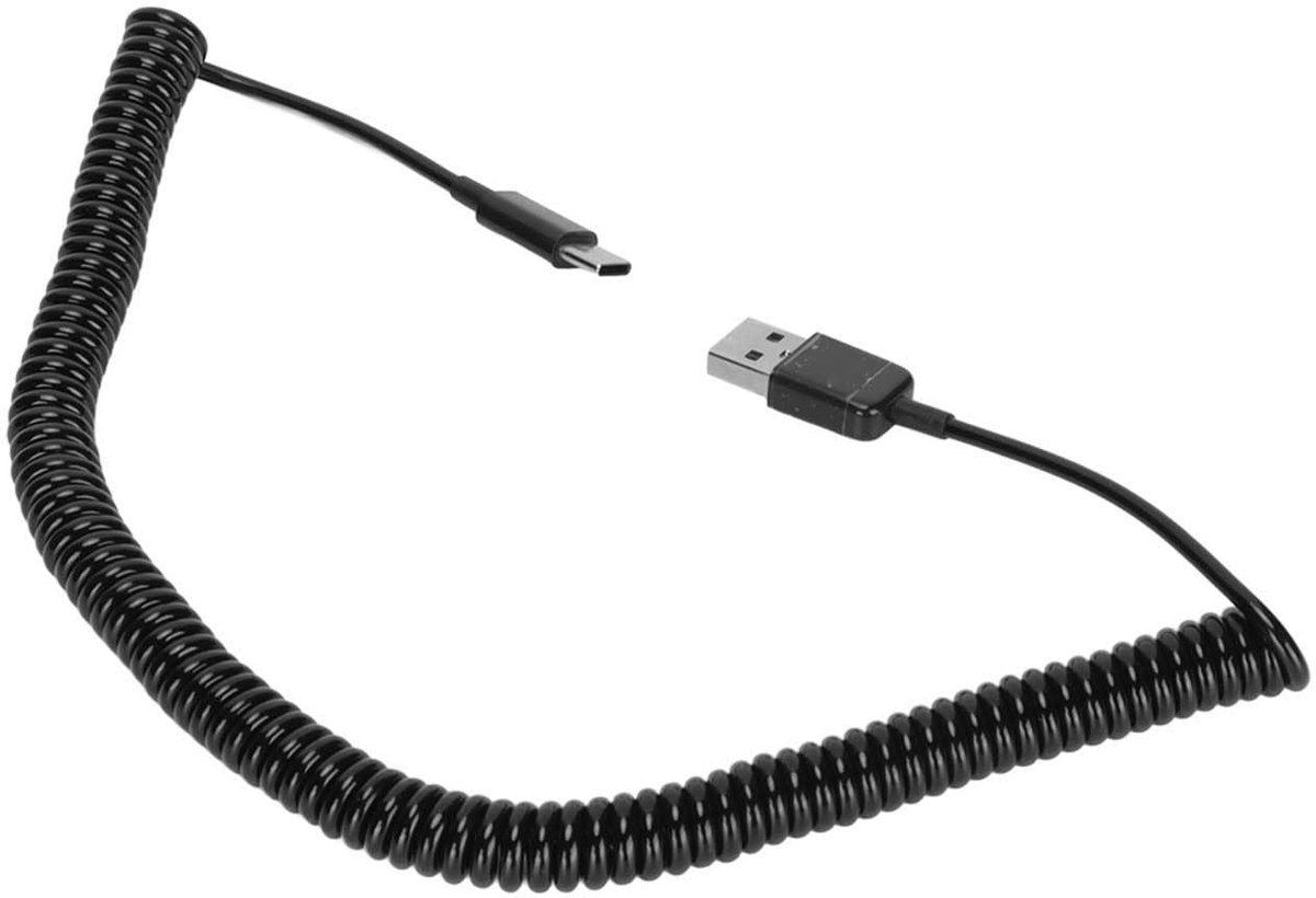 Dailygoods - Type C Naar USB 2.0 Kabel - Spiraalvormige Oplader - 3 Meter - Zwart - Duurzaam PVC - Gegevensoverdracht - Opladen
