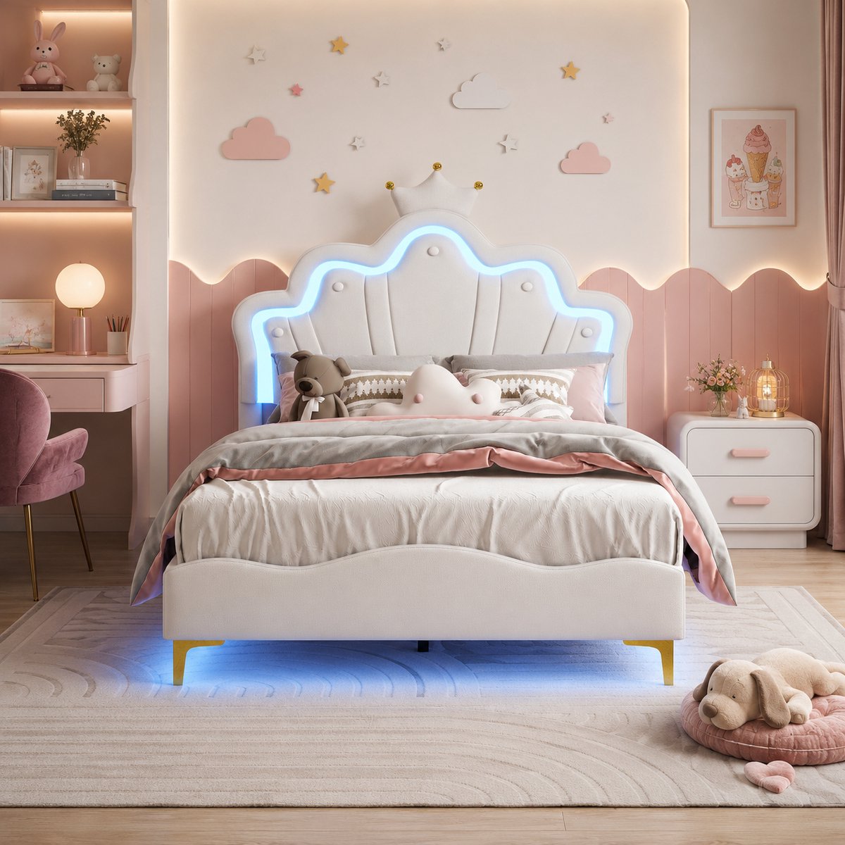 Gestoffeerd bed 140x190 cm met ledverlichting, tweepersoonsbed voor meisjes, met in hoogte verstelbaar hoofdeinde en lattenbodem, jeugdbed, kinderbed, fluwelen prinsessenbed Wit