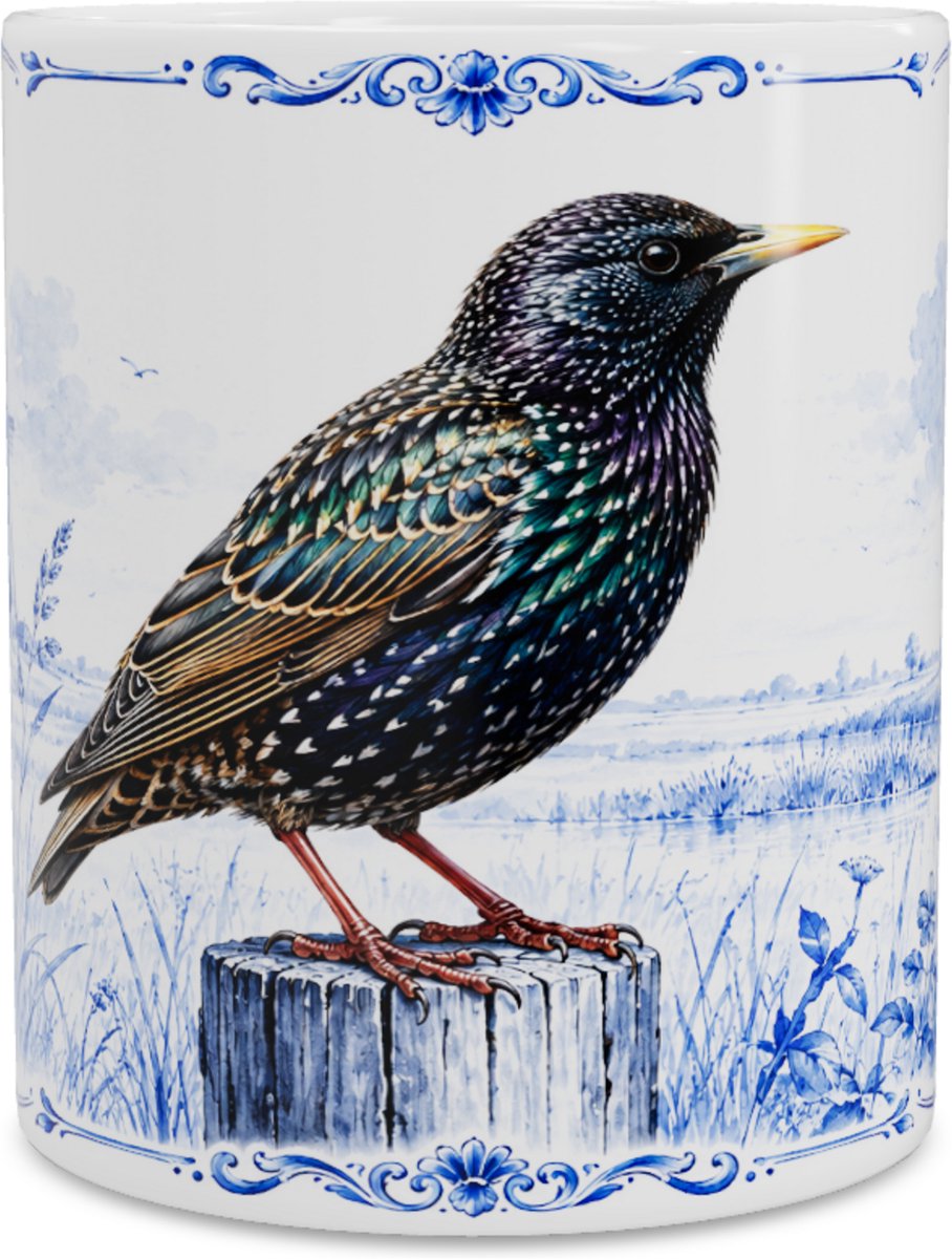 Mok - Spreeuw (Sturnus vulgaris) - Delfts blauw - Aquarel Illustratie