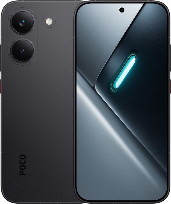 Zwarte POCO smartphone met dubbele camera aan de achterkant en een abstract scherm.