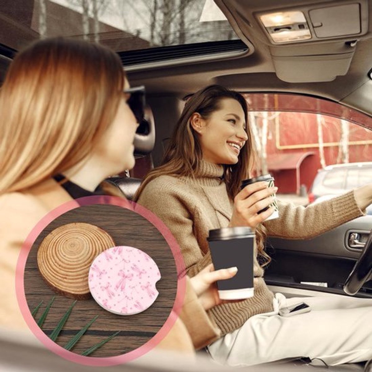 2x Roze Auto Coasters - 6,5cm Absorberend Keramisch en Kurk met Vingerinkeping