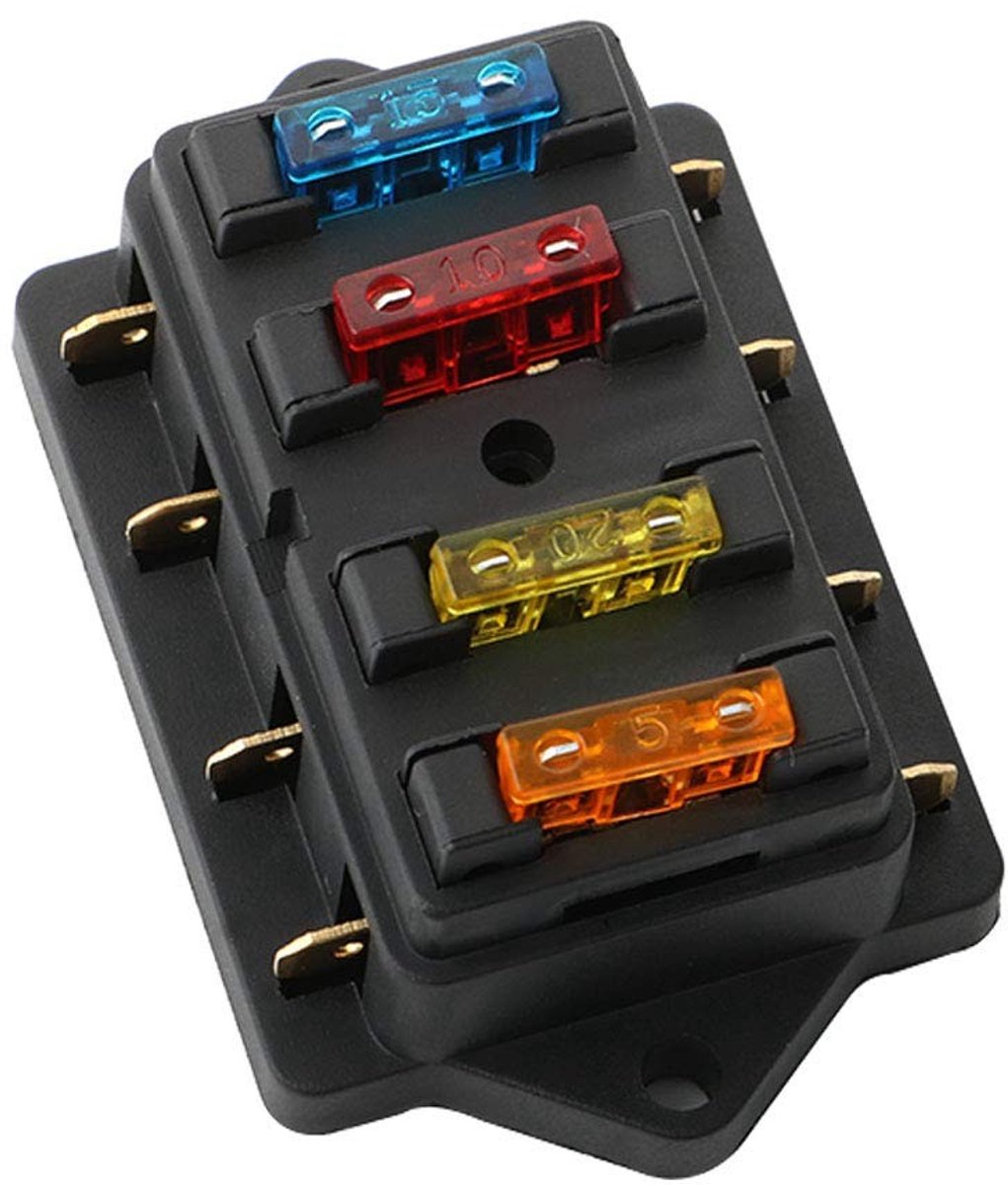 Dailygoods - Premium 4 Way Fuse Box - Universele Bladzekeringen - Handig voor Auto en Boot - Zwart - Circuit Fuse Block - Inclusief 10 Fuses - Voor Au