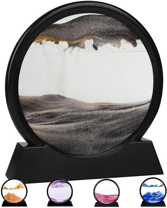 Foto: Allecto 3d zandloper kinetic sand art decoratie voor bureau zwart wit unieke beleving perfect als cadeau geschikt voor volwassenen en 