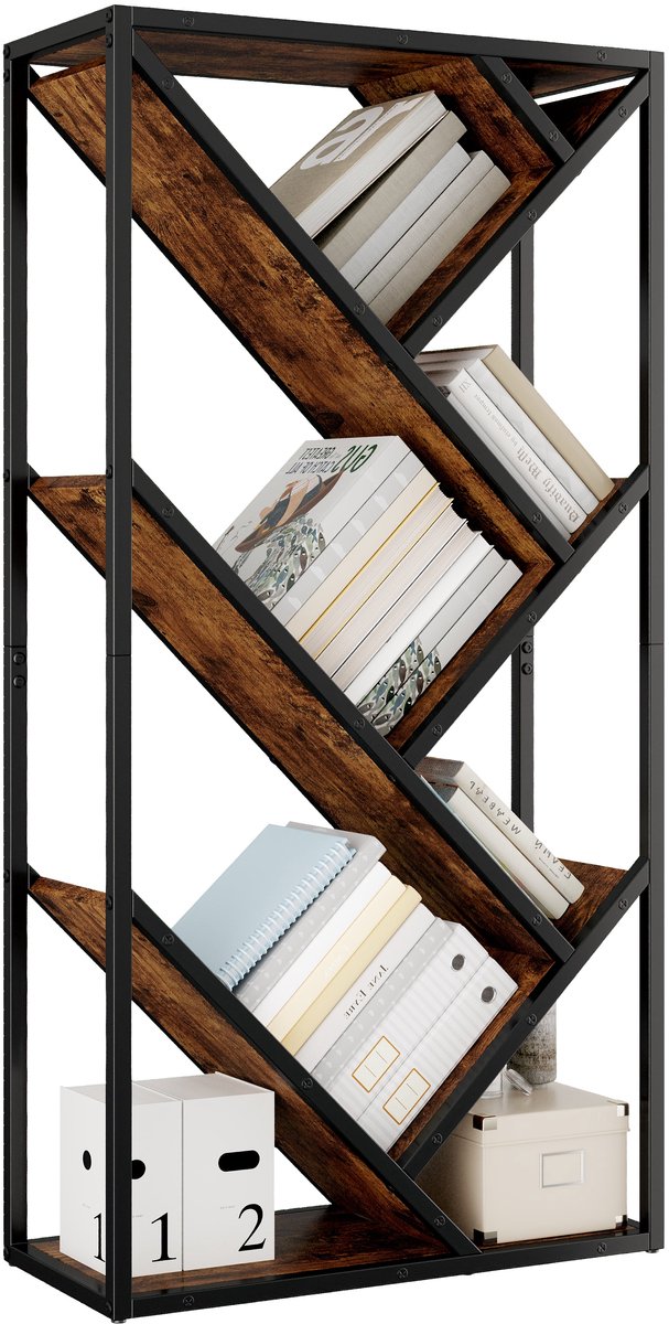 Merax Boekenkast Industrieel 8 Niveaus - Boomvormige Kast met Metalen Frame - Opbergkast en Staande Kast 80x35x160 cm Zwart Bruin