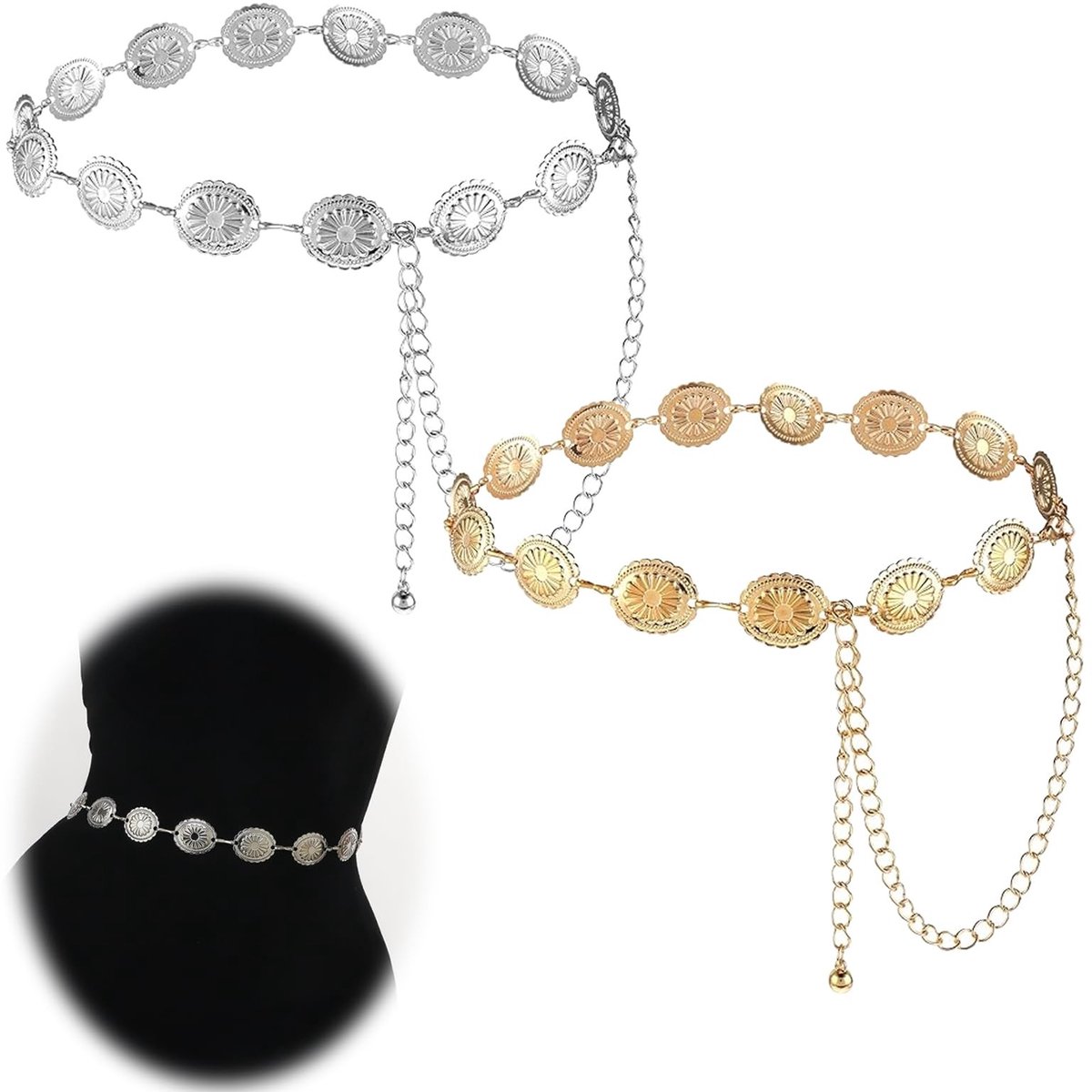 Allecto - Western Metal Concho Belt - Adjustable Waist Chain - Retro Boho Stijl - Goud en Zilver - Perfect voor Feestjes - 2PCS Hollow Daisies