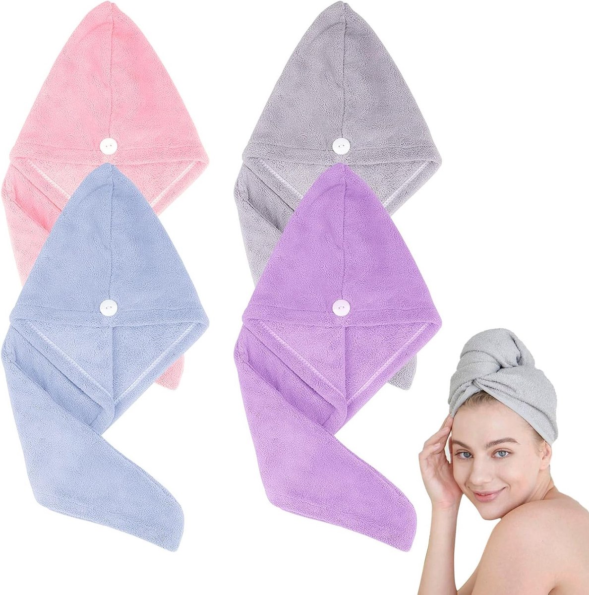 Super Absorbente Microvezel Haar Turban Handdoek met Knop - Sneldrogend en Geschikt voor Alle Haartypes in Roze, Grijs, Lichtblauw en Paars