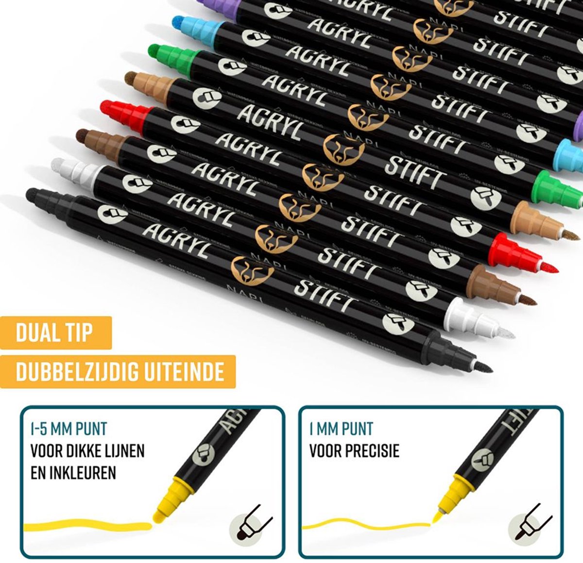 Napi Acrylstiften 12st - Brush en Fine Tip Twinmarkers - Verfstiften Happy Stones - Stenen Schilderen met Acryl Verf Marker Stiften - Volwassenen en Kinderen - Incl. 2 Mandala Sjablonen — afbeelding 11
